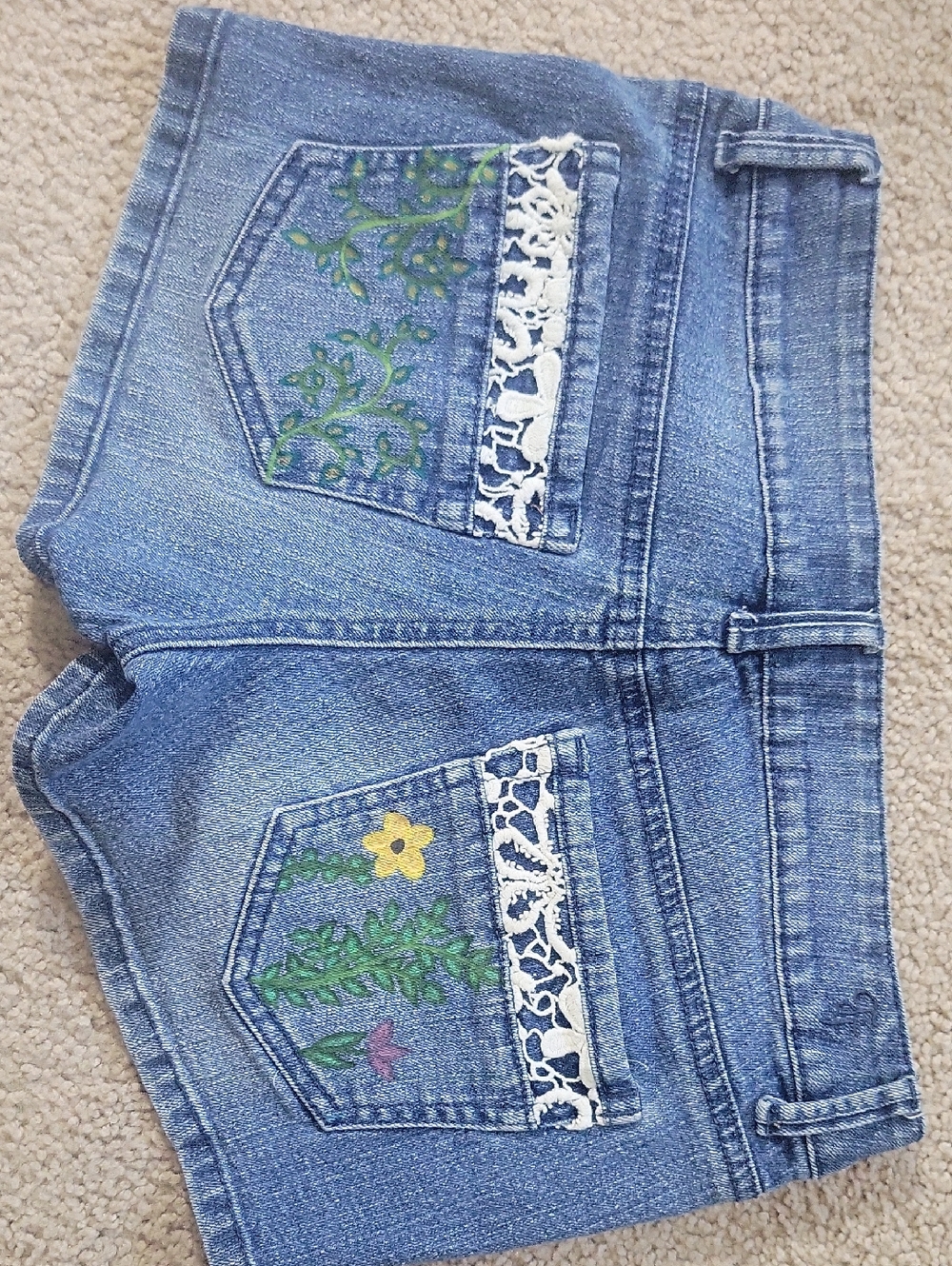Ooak Women’s Blue Painted Denim Shorts with Lace Trim